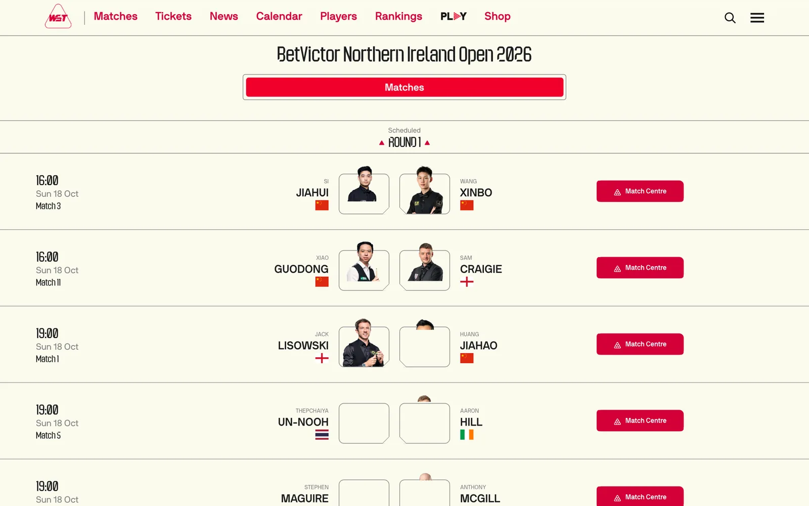 ภาพหน้าจอหน้าตารางรอบแรกสนุกเกอร์ Northern Ireland Open 2026 ของ World Snooker Tour แสดง Match 5 เทพไชยา อุ่นหนู (ธงไทย) พบ Aaron Hill (ธงไอร์แลนด์) วันอาทิตย์ที่ 18 ตุลาคม เวลา 19:00 น. ตามเวลาไทย