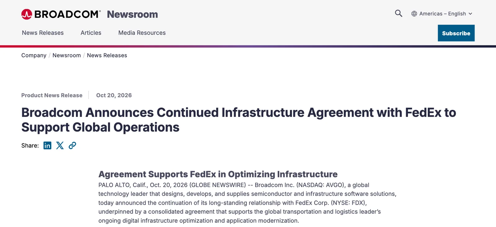 ภาพหน้าจอข่าวประชาสัมพันธ์ของ Broadcom วันที่ 20 ตุลาคม 2026 เรื่อง FedEx ต่อสัญญาโครงสร้างพื้นฐาน ใช้ VMware Cloud Foundation, VMware Avi Load Balancer และ VMware Tanzu Platform