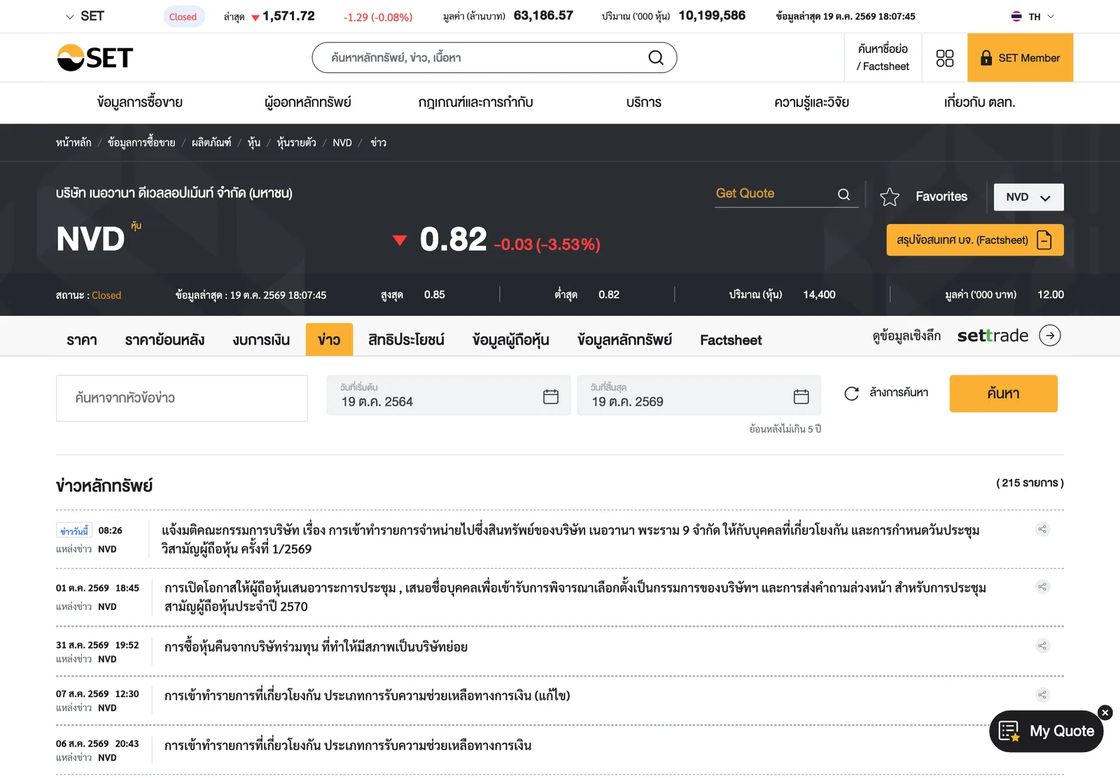 หน้าข่าวหลักทรัพย์ NVD บนเว็บไซต์ตลาดหลักทรัพย์แห่งประเทศไทย แสดงประกาศวันที่ 19 ต.ค. 2569 เวลา 08:26 น. ที่ NVD ขายที่ดินให้ผู้ถือหุ้นใหญ่ซึ่งเป็นบุคคลที่เกี่ยวโยงกัน และกำหนดวันประชุมวิสามัญผู้ถือหุ้นครั้งที่ 1/2569