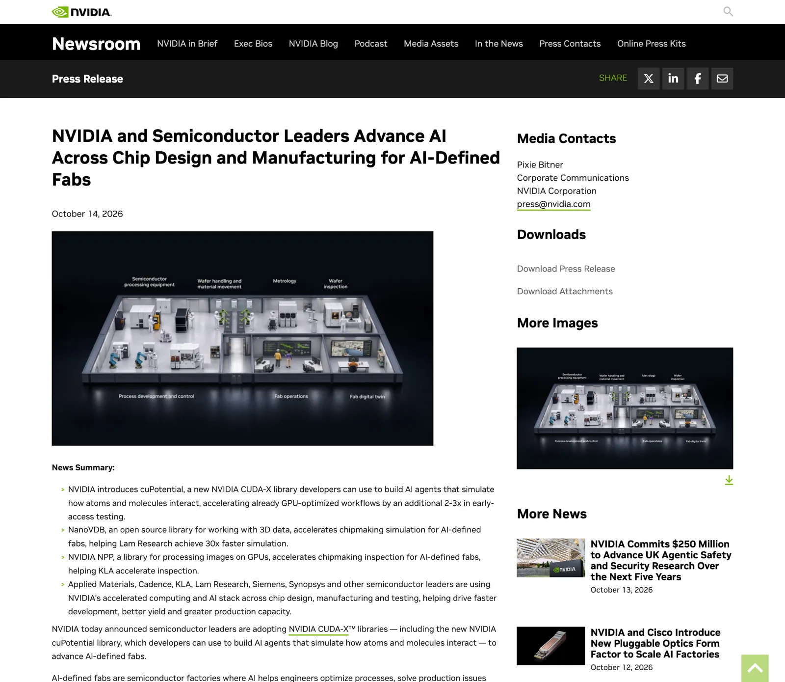 ภาพหน้าจอประกาศของ NVIDIA ลงวันที่ 14 ตุลาคม 2026 เรื่อง AI-Defined Fab ส่วนสรุปข่าวที่กล่าวถึงไลบรารี cuPotential, NanoVDB, NPP และรายชื่อพันธมิตร Applied Materials, Cadence, KLA, Lam Research, Siemens และ Synopsys