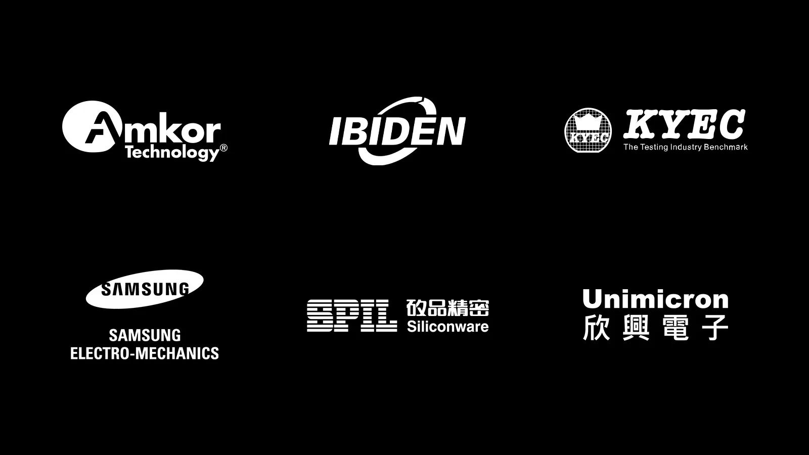 โลโก้ Amkor Technology, IBIDEN, KYEC, Samsung Electro-Mechanics, SPIL และ Unimicron บนพื้นดำ