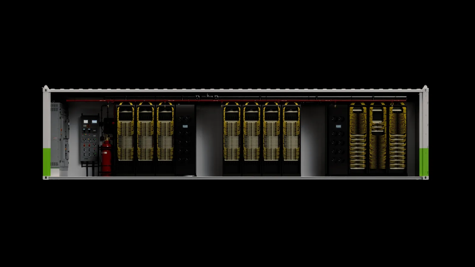 ภาพตัดตู้คอนเทนเนอร์ NVIDIA DSX POD แสดงแร็ก Vera Rubin ที่ติดตั้งจากโรงงาน