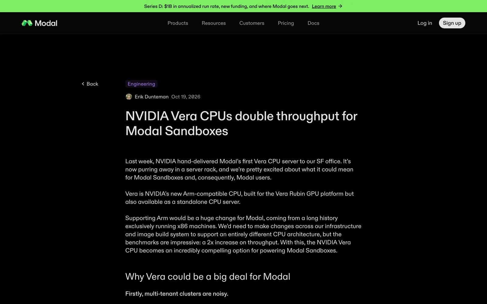 ภาพหน้าจอบล็อก Modal เรื่อง NVIDIA Vera CPUs double throughput for Modal Sandboxes โดย Erik Dunteman ลงวันที่ 19 ตุลาคม 2026