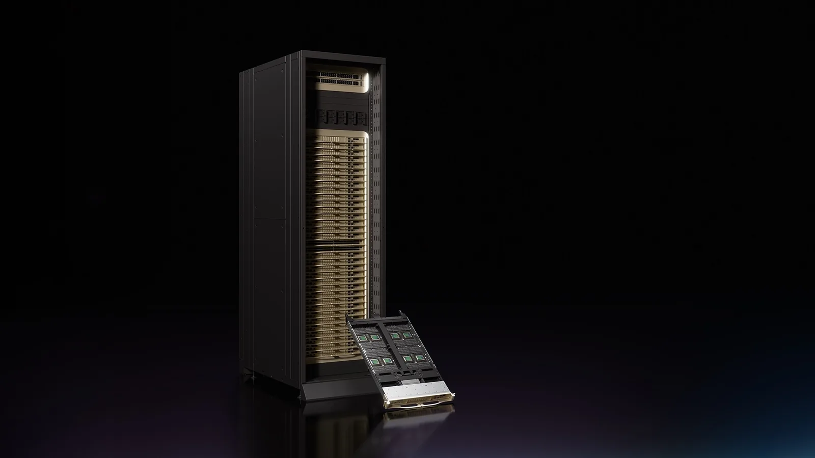 ตู้ NVIDIA Vera CPU Rack พร้อมถาดเครื่องวางอยู่ด้านหน้า