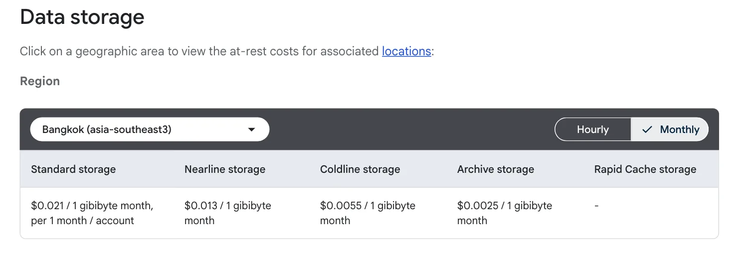 ภาพหน้าจอตารางราคา Object Storage ของ Google Cloud Storage Region Bangkok (asia-southeast3) แบบรายเดือน