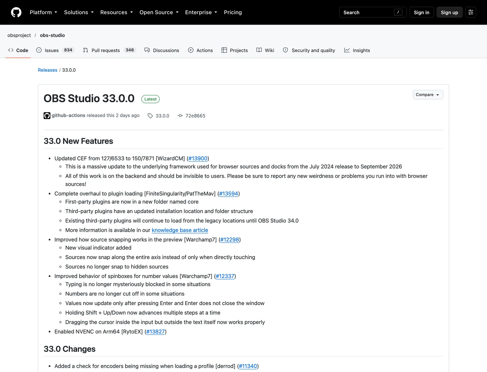 หน้า release ของ OBS Studio 33 บน GitHub แสดงฟีเจอร์ใหม่ เช่น อัปเดต CEF และระบบโหลดปลั๊กอินใหม่