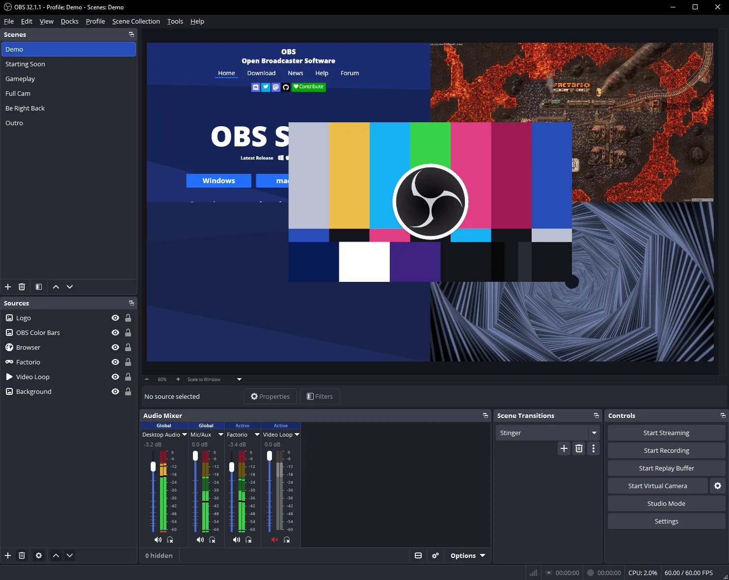 หน้าตาโปรแกรม OBS Studio รุ่น 32.1.1 บน Windows พร้อมแผง Scenes, Sources, Audio Mixer และ Controls