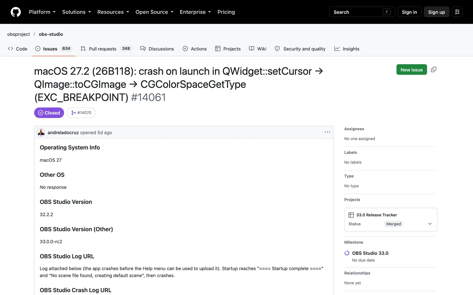 หน้า issue 14061 ของ OBS Studio รายงานแครชตอนเปิดโปรแกรมบน macOS 27.2 ในรุ่น 32.2.2 และ 33.0.0-rc2