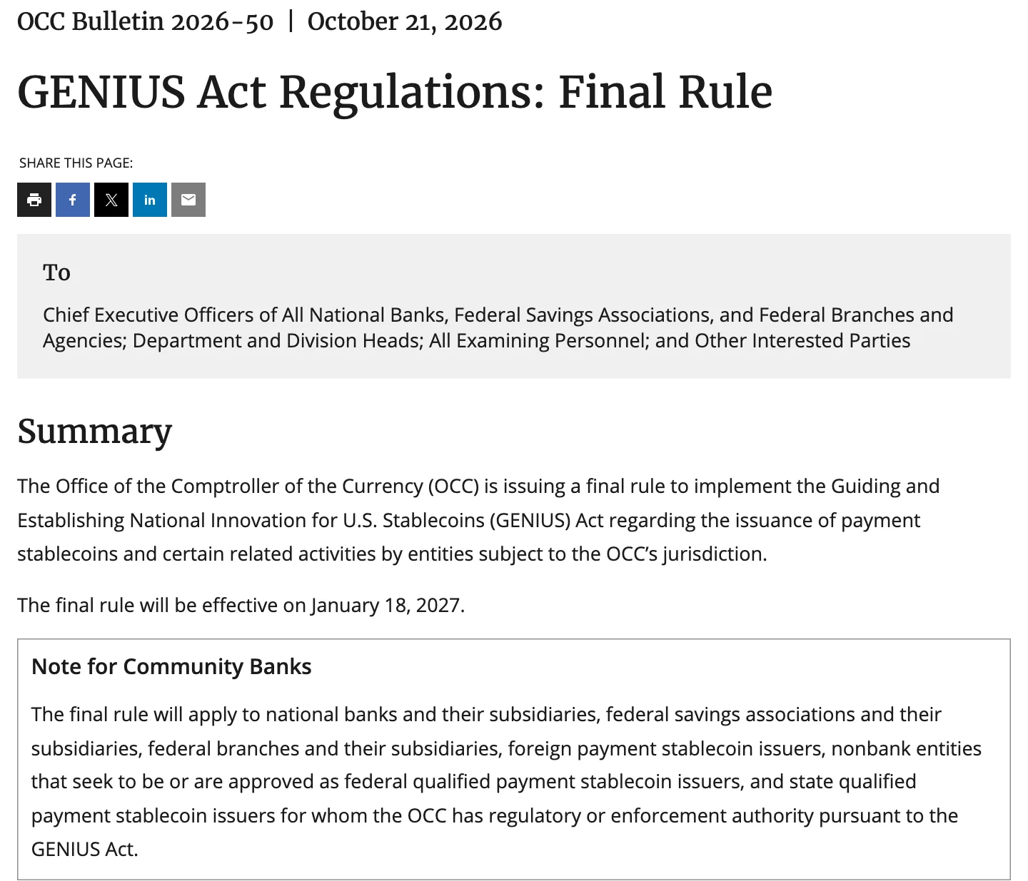 ภาพหน้าจอ OCC Bulletin 2026-50 เรื่อง GENIUS Act Regulations: Final Rule ระบุวันมีผล 18 มกราคม 2027 และผู้ที่อยู่ใต้กฎ