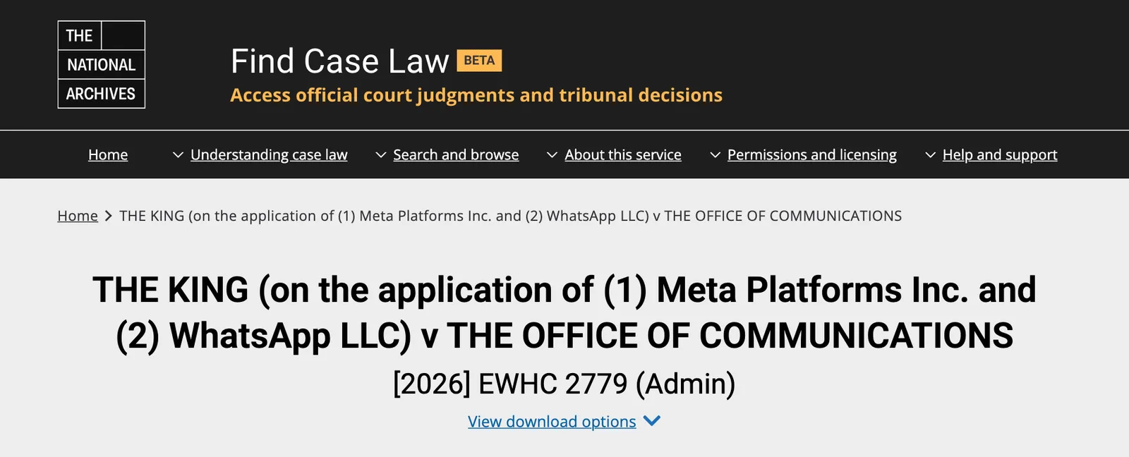 หน้าคำพิพากษา [2026] EWHC 2779 (Admin) บนเว็บไซต์ Find Case Law ของ The National Archives