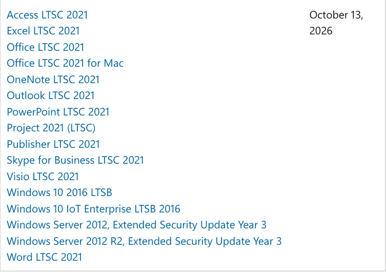 ภาพหน้าจอตาราง Products reaching End of Support ในหน้า Ending Support in 2026 แสดงแอปชุด Office LTSC 2021, Windows 10 2016 LTSB และ Windows Server 2012 ESU ปีที่ 3 ที่สิ้นสุด 13 ตุลาคม 2026