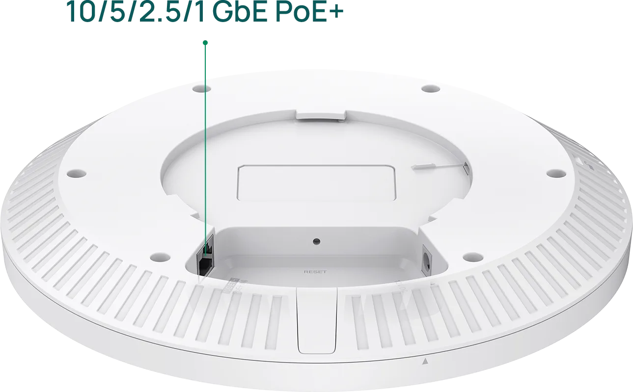 ด้านล่างของ TP-Link EAP773 แสดงพอร์ต 10/5/2.5/1 GbE PoE+