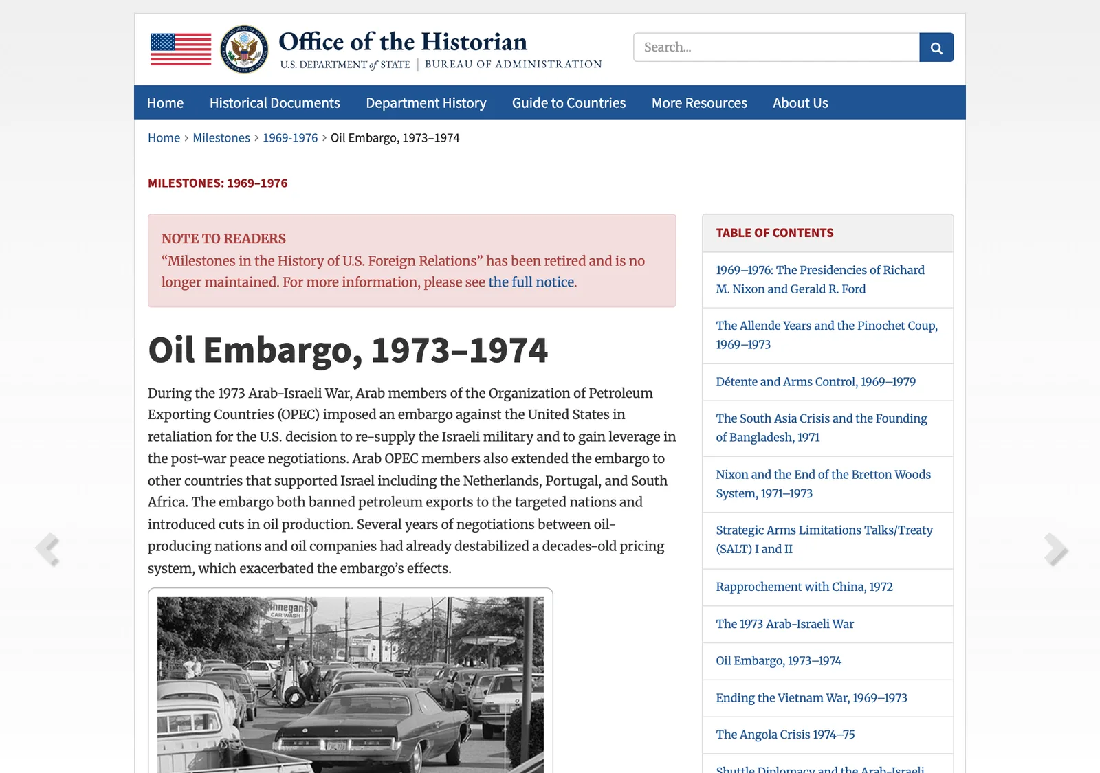 หน้า Oil Embargo, 1973–1974 บนเว็บไซต์ Office of the Historian กระทรวงการต่างประเทศสหรัฐฯ