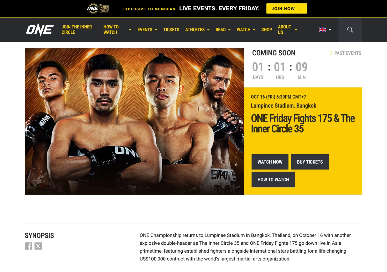 ภาพหน้าจอหน้ารายการ ONE Friday Fights 175 & The Inner Circle 35 ระบุวันศุกร์ที่ 16 ตุลาคม เวลา 18.30 น. ตามเวลาไทย ที่ Lumpinee Stadium กรุงเทพฯ