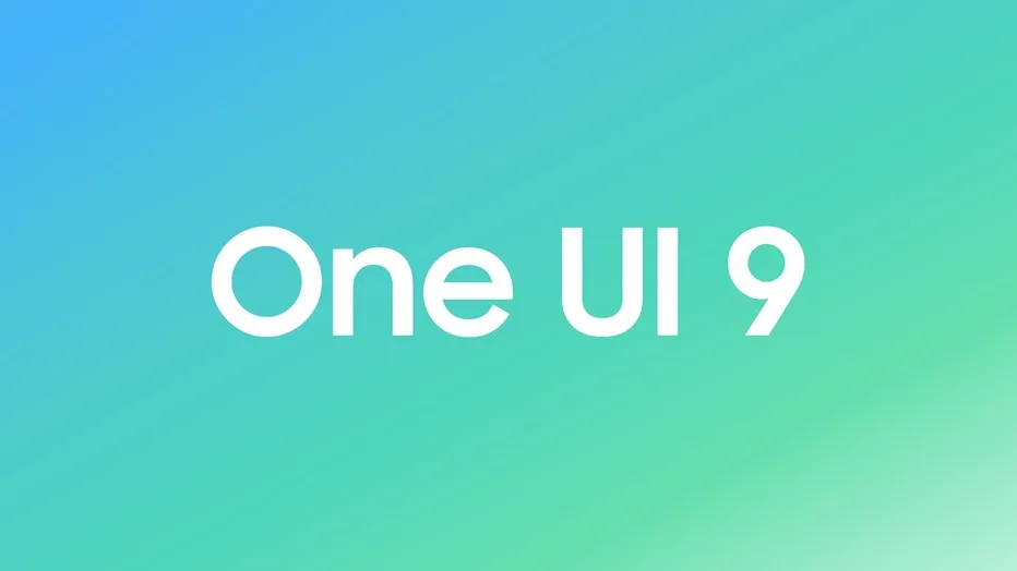 ภาพกราฟิกคำว่า One UI 9 บนพื้นสีฟ้าอมเขียว
