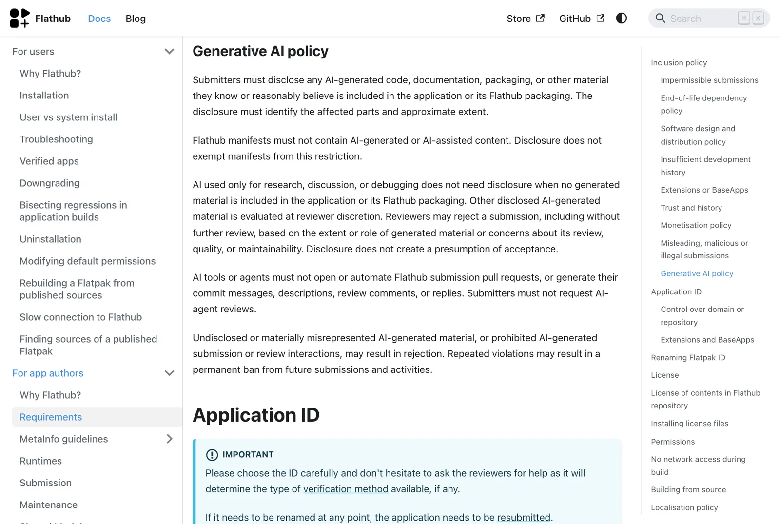 หัวข้อ Generative AI policy ในหน้า Requirements ของ Flathub ที่บังคับเปิดเผยเนื้อหาจาก AI และห้ามใน manifest