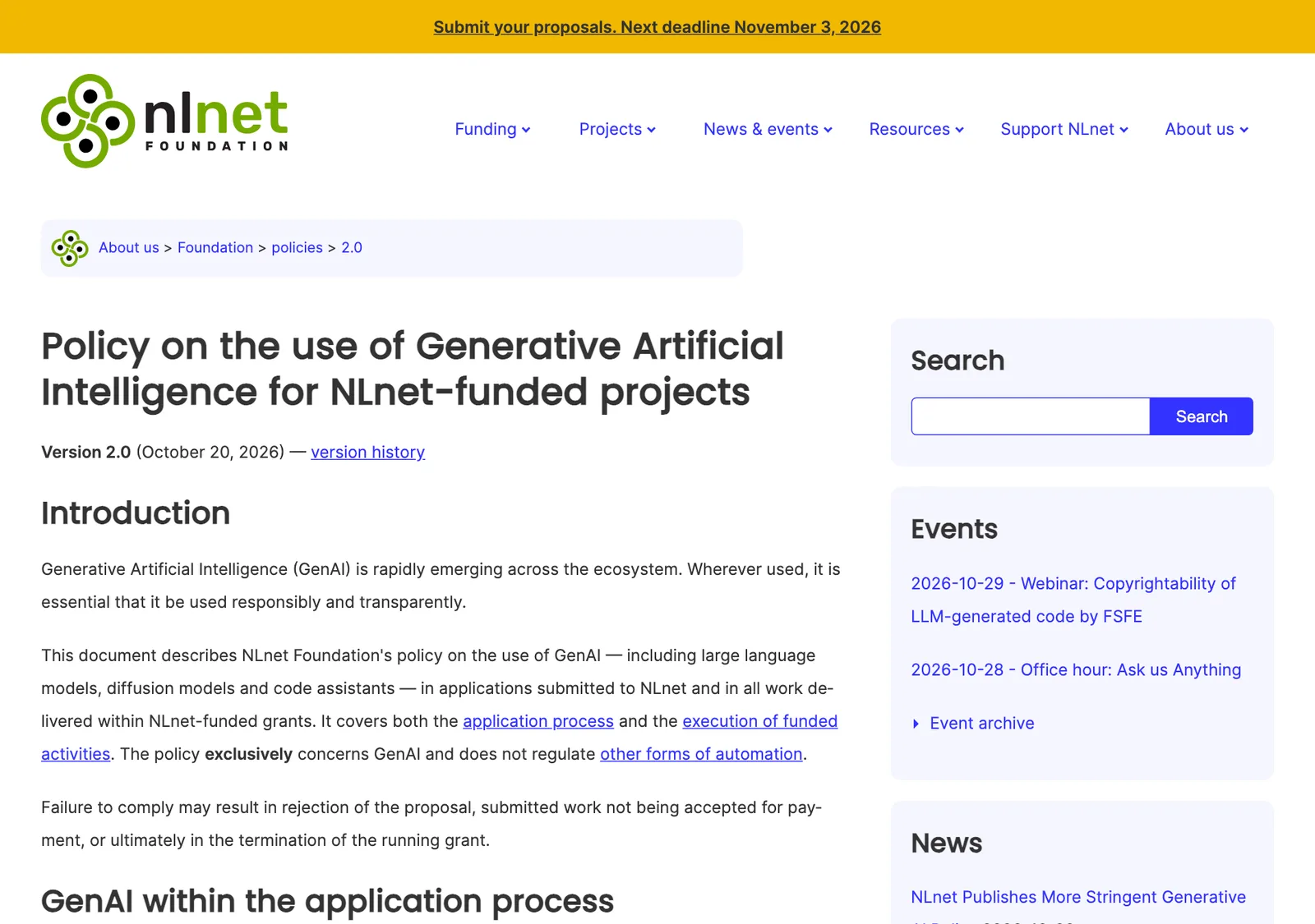 หน้านโยบาย AI โอเพนซอร์สของ NLnet รุ่น 2.0 ลงวันที่ 20 ตุลาคม 2026 สำหรับโครงการที่รับทุน