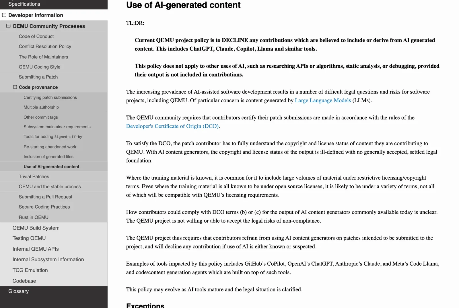 เอกสาร Code provenance ของ QEMU ส่วน Use of AI-generated content ที่ปฏิเสธงานที่มีเนื้อหาจาก AI