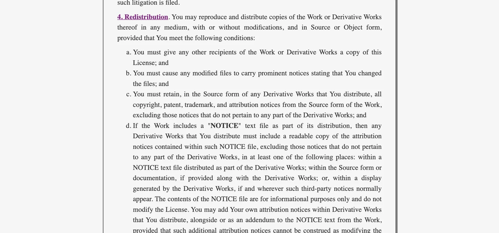 ข้อ 4 Redistribution ของ Apache License 2.0 ระบุเงื่อนไข a ถึง d เรื่องแนบไลเซนส์ ระบุไฟล์ที่แก้ คงประกาศ และไฟล์ NOTICE