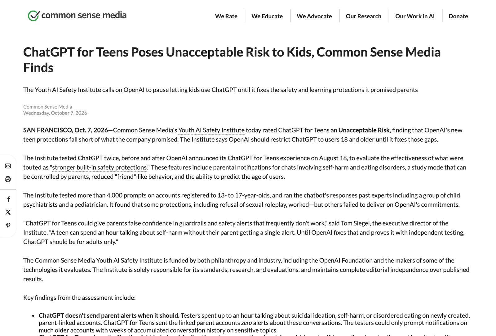 ภาพหน้าจอแถลงข่าว Common Sense Media วันที่ 7 ตุลาคม 2026 หัวข้อ ChatGPT for Teens Poses Unacceptable Risk to Kids