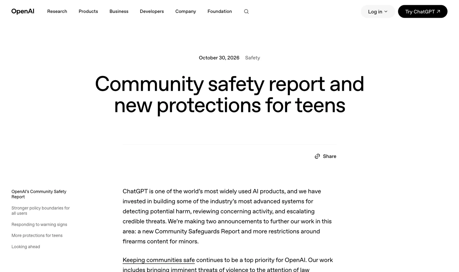 หน้าประกาศ OpenAI Community Safety Report ลงวันที่ 30 ตุลาคม 2026 ชื่อ Community safety report and new protections for teens