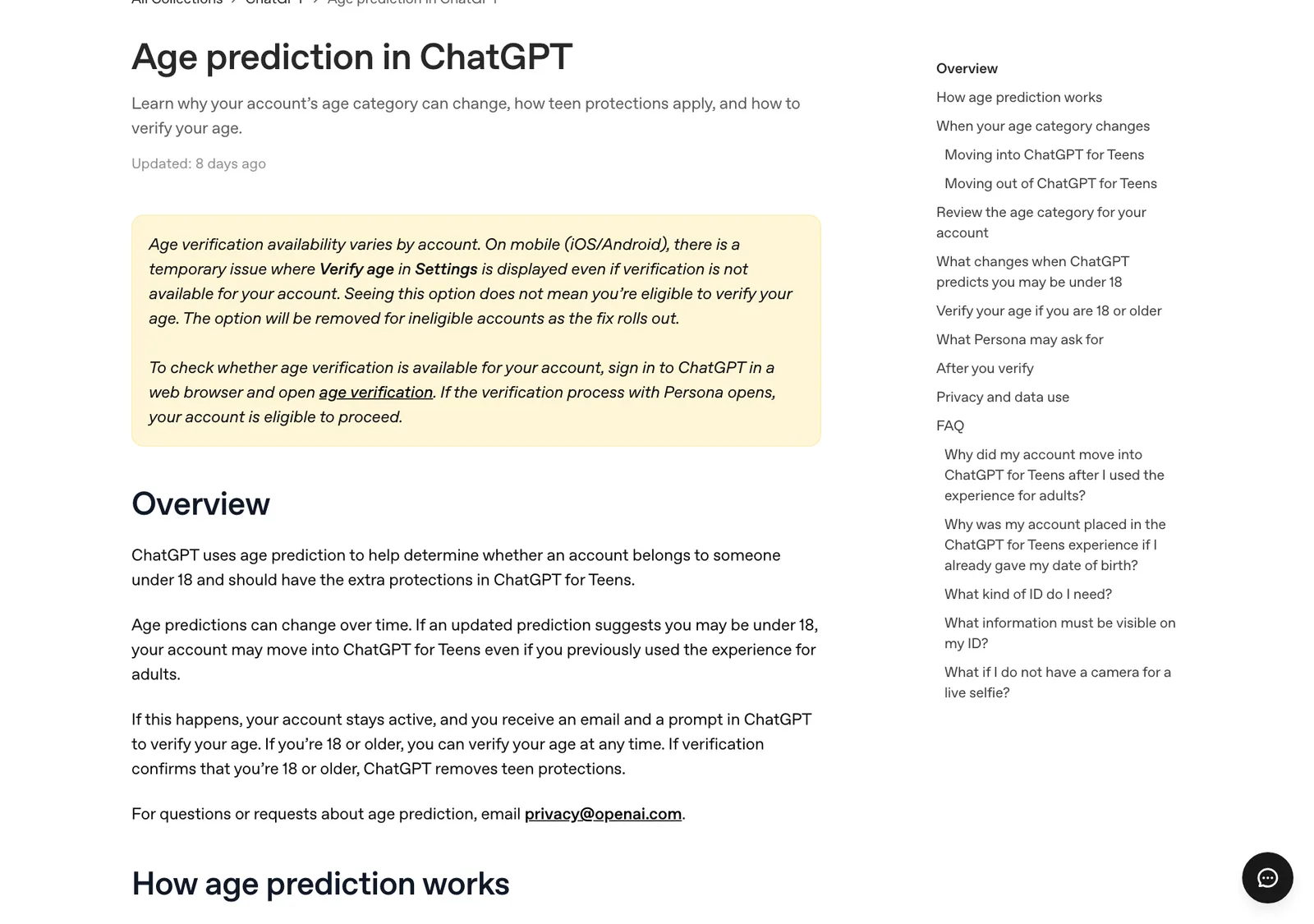 หน้า Age prediction in ChatGPT ในศูนย์ช่วยเหลือของ OpenAI