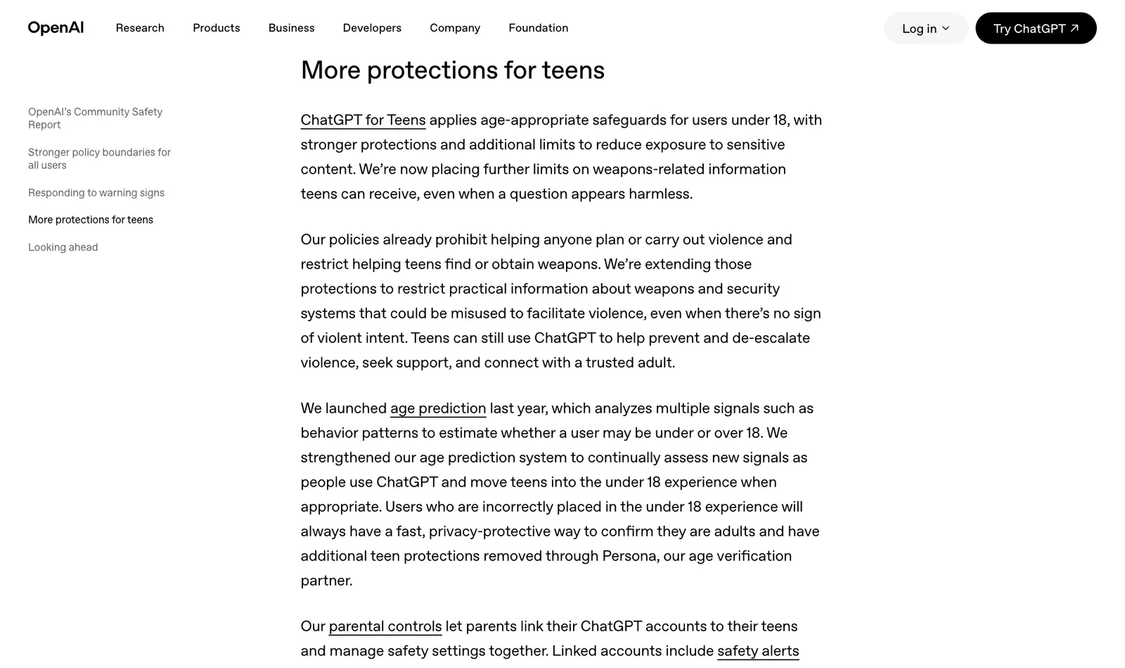 ส่วน More protections for teens ระบุการจำกัดข้อมูลเกี่ยวกับอาวุธสำหรับผู้ใช้ต่ำกว่า 18 ปี