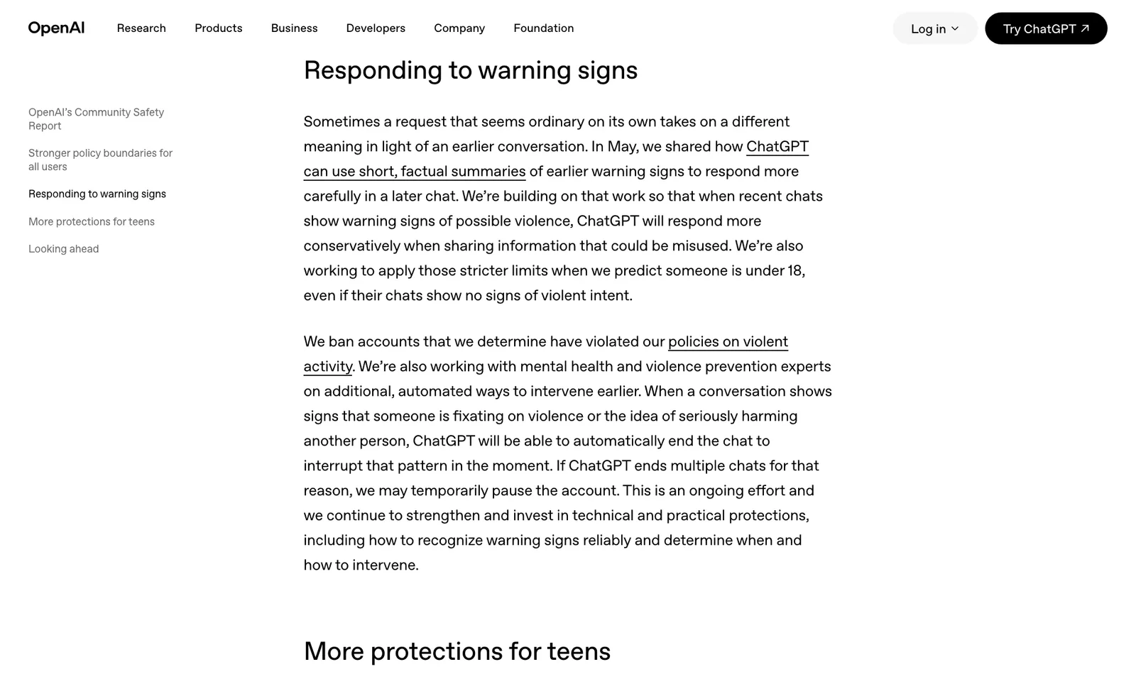 ส่วน Responding to warning signs อธิบายว่า ChatGPT จะปิดแชตอัตโนมัติและอาจพักบัญชีชั่วคราว