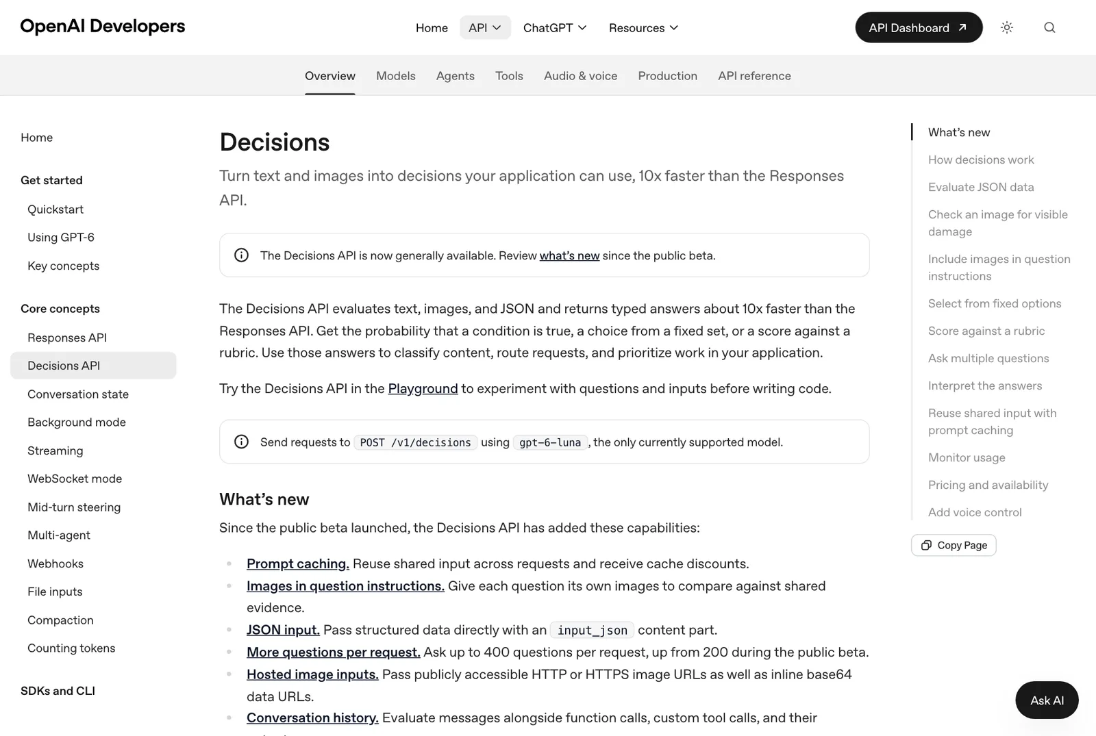 ภาพหน้าจอเอกสาร Decisions บน OpenAI Developers ระบุว่า OpenAI Decisions API เปิดใช้ทั่วไปแล้ว เร็วกว่า Responses API ราว 10 เท่า ส่งคำขอที่ POST /v1/decisions ด้วย gpt-6-luna และถามได้ 400 ข้อต่อคำขอ