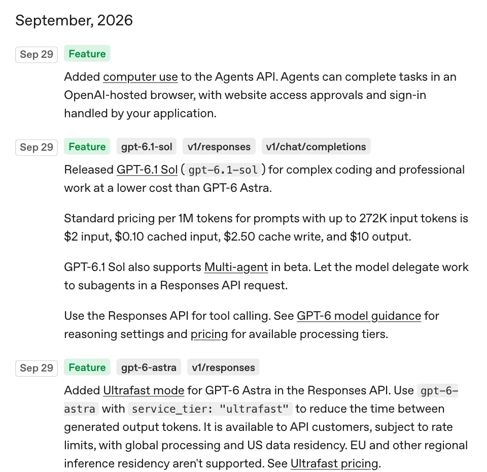 ภาพหน้าจอ Changelog ของ OpenAI API วันที่ 29 กันยายน 2026 แสดงรายการ computer use ใน Agents API, GPT-6.1 Sol และ Ultrafast mode