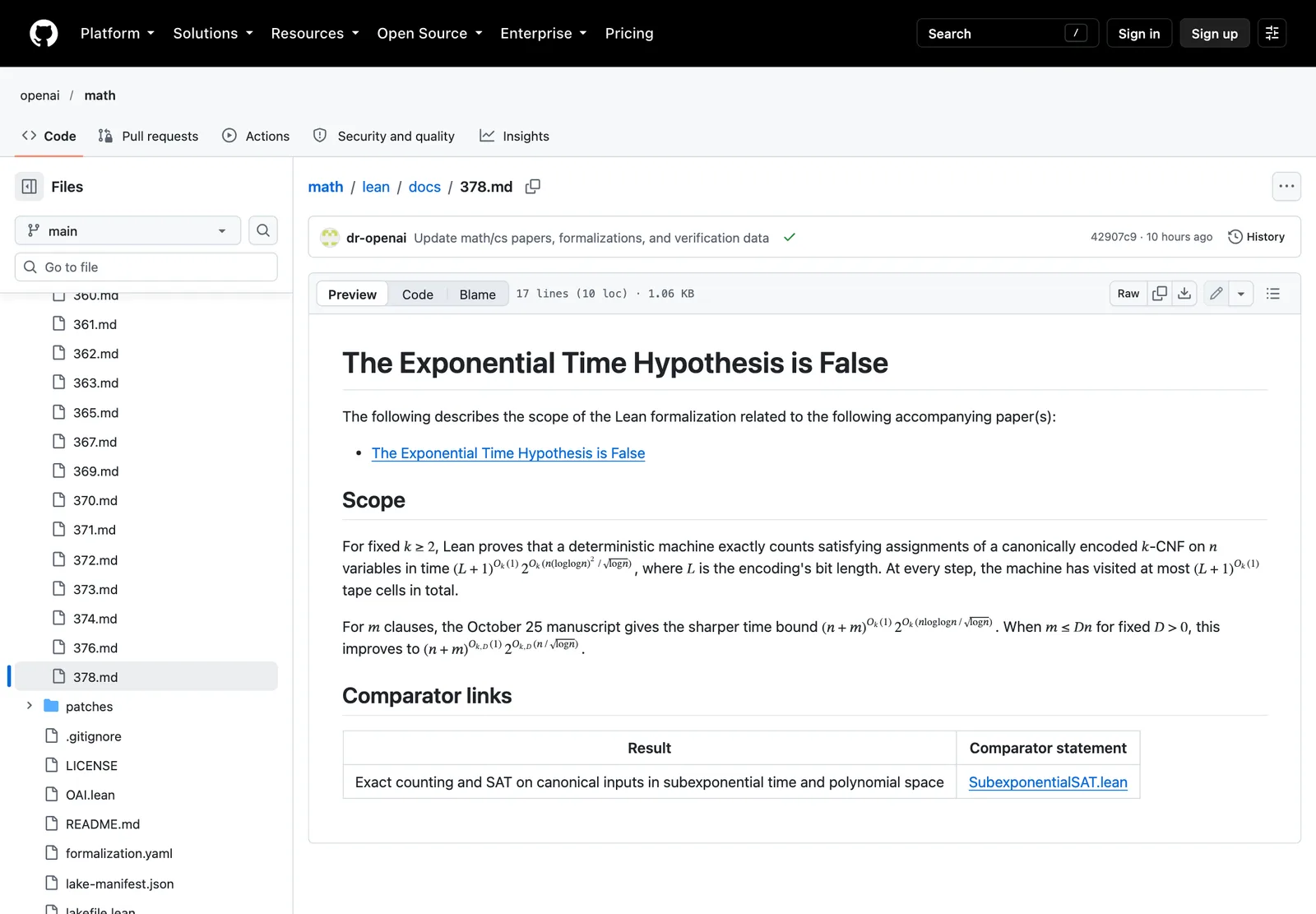 เอกสารขอบเขต Lean formalization ของผล The Exponential Time Hypothesis is False ในคลัง openai/math ระบุเวลาที่ Lean พิสูจน์และลิงก์ SubexponentialSAT.lean