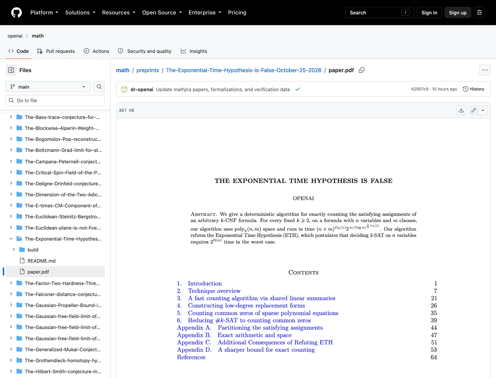 หน้าแรกของต้นฉบับ The Exponential Time Hypothesis is False ของ OpenAI บน GitHub แสดงบทคัดย่อว่าให้อัลกอริทึม deterministic นับคำตอบ k-CNF ในเวลา subexponential