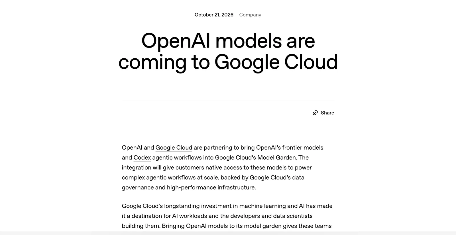 ภาพหน้าจอประกาศ OpenAI models are coming to Google Cloud บนเว็บไซต์ OpenAI ลงวันที่ 21 ตุลาคม 2026