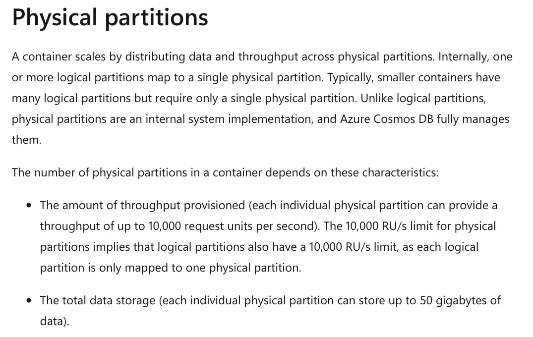 ภาพหน้าจอเอกสาร Microsoft Learn หัวข้อ Physical partitions ของ Azure Cosmos DB ระบุว่าแต่ละ physical partition รับ throughput ได้สูงสุด 10,000 RU/s และเก็บข้อมูลได้สูงสุด 50 GB