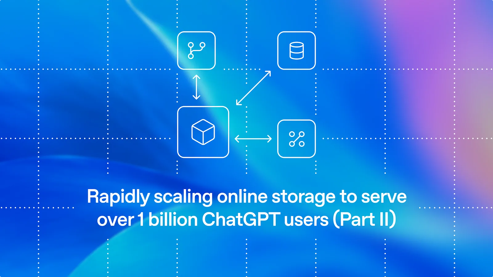 ภาพประกอบบทความของ OpenAI เรื่อง OpenAI Habitat: Rapidly scaling online storage to serve over 1 billion ChatGPT users (Part II) เป็นไอคอนฐานข้อมูลและกล่องเชื่อมกันบนพื้นสีน้ำเงิน