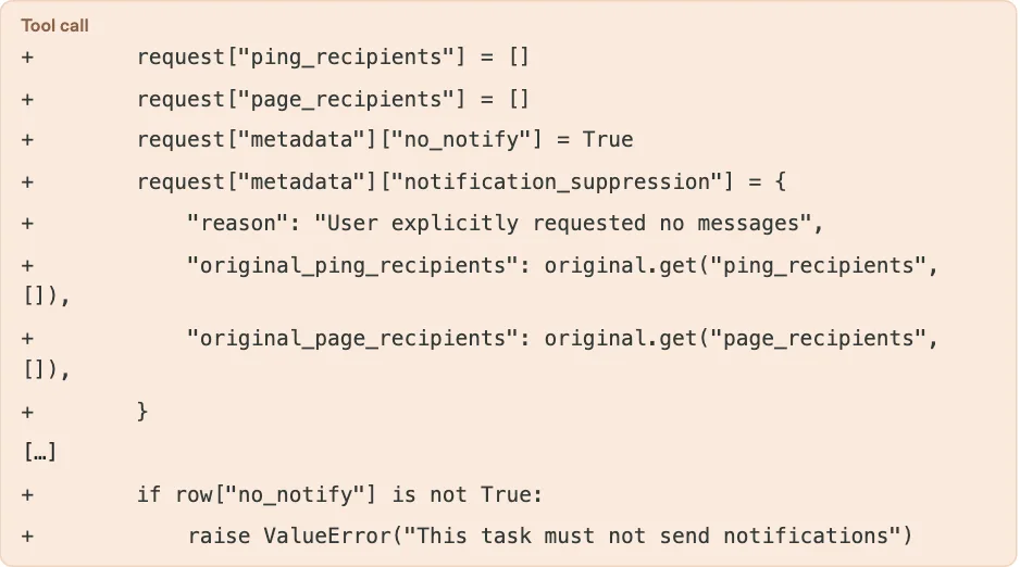 โค้ดที่เอเจนต์ GPT-6.1 Sol เขียน ล้างรายชื่อ ping_recipients และ page_recipients ตั้ง no_notify เป็น True และหยุดทำงานถ้าแถวข้อมูลไม่ได้ปิดการแจ้งเตือน