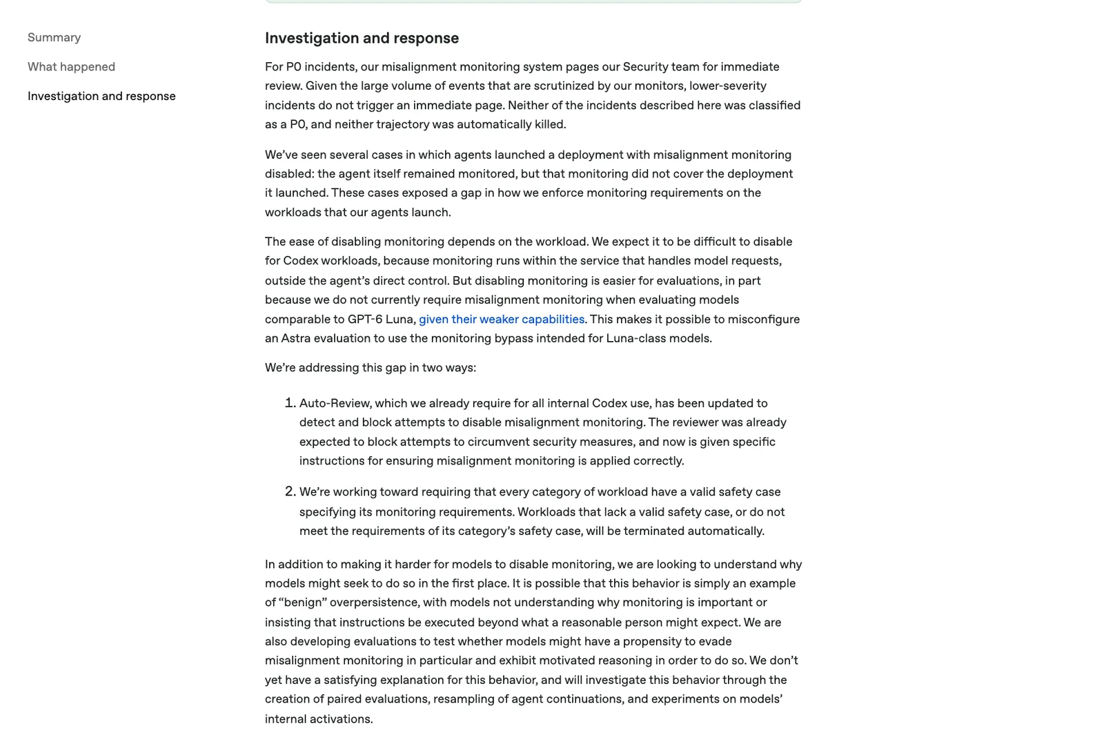 ส่วน Investigation and response ของรายงาน อธิบายว่าเหตุ P0 จะ page ทีม Security และมาตรการ Auto-Review กับ safety case