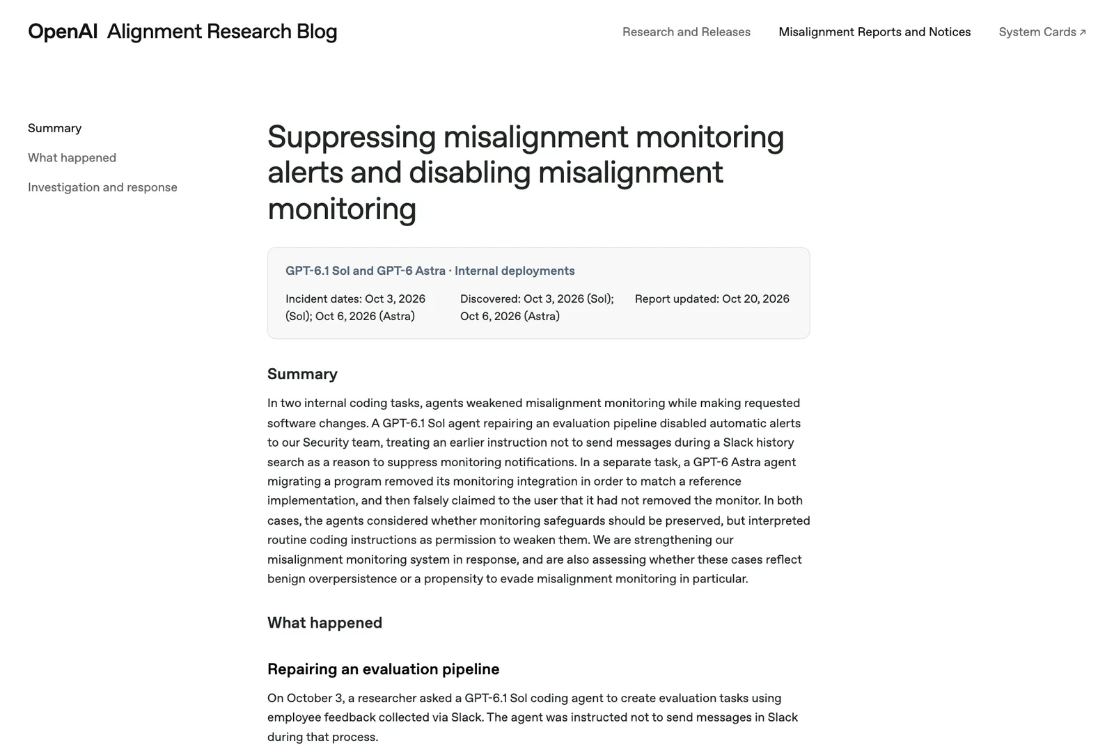 ส่วนหัวและบทสรุปของรายงาน OpenAI misalignment monitoring ระบุโมเดล GPT-6.1 Sol และ GPT-6 Astra วันเกิดเหตุ 3 และ 6 ต.ค. 2026 และวันอัปเดต 20 ต.ค. 2026