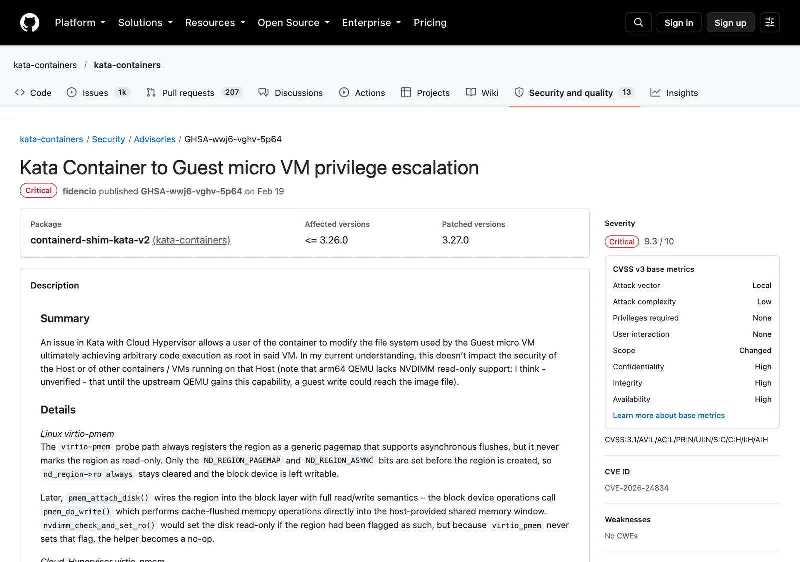 ภาพหน้าจอประกาศ GHSA-wwj6-vghv-5p64 ของ Kata Containers บน GitHub: ช่องโหว่ยกระดับสิทธิ์ใน guest micro VM ระดับวิกฤต 9.3 กระทบ containerd-shim-kata-v2 รุ่น 3.26.0 ลงไป แก้แล้วในรุ่น 3.27.0 รหัส CVE-2026-24834