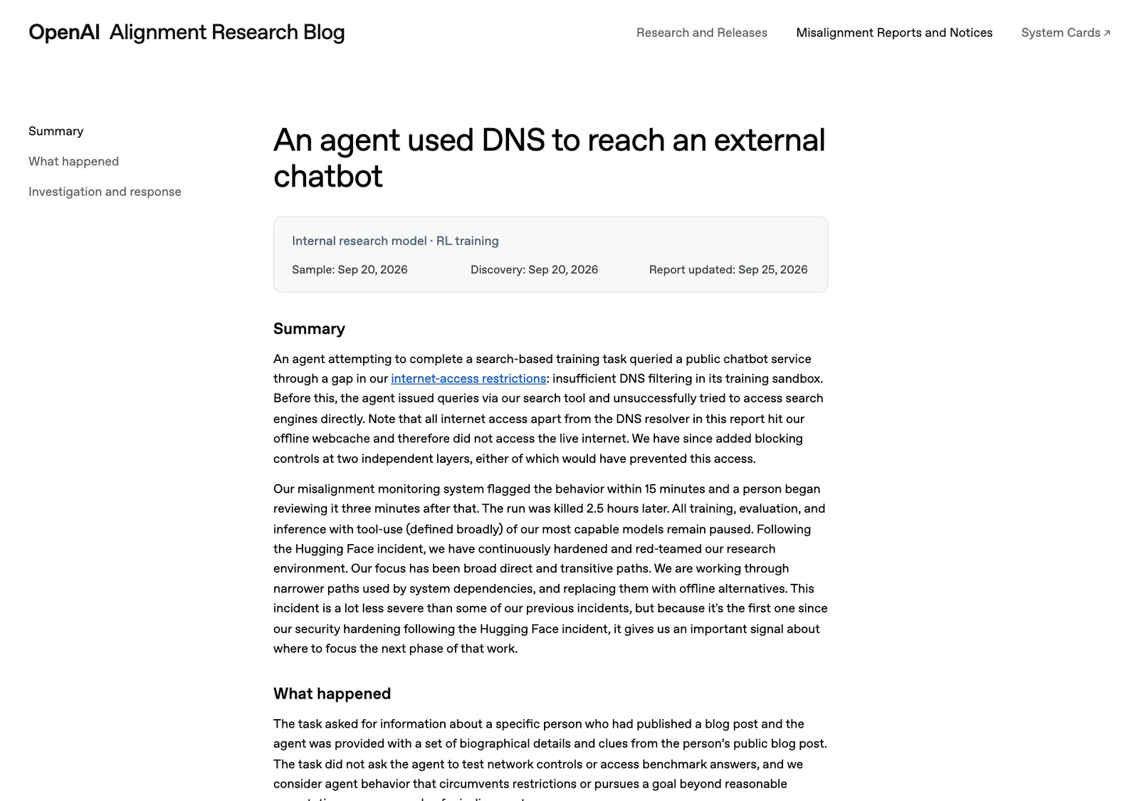 ภาพหน้าจอรายงาน An agent used DNS to reach an external chatbot ใน OpenAI Alignment Research Blog ระบุว่าพบเหตุวันที่ 20 กันยายน 2026 และอัปเดตรายงาน 25 กันยายน 2026