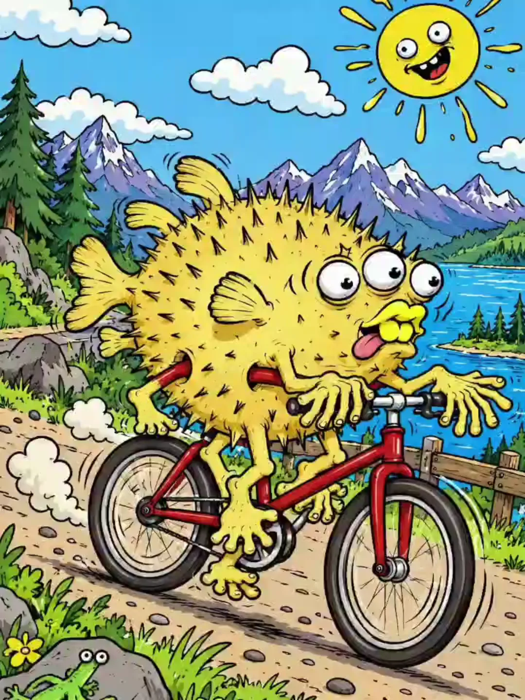 ภาพประจำรุ่น OpenBSD 8.0 ชื่อ Blowfish on a Bike เป็นการ์ตูนปลาปักเป้าปั่นจักรยาน