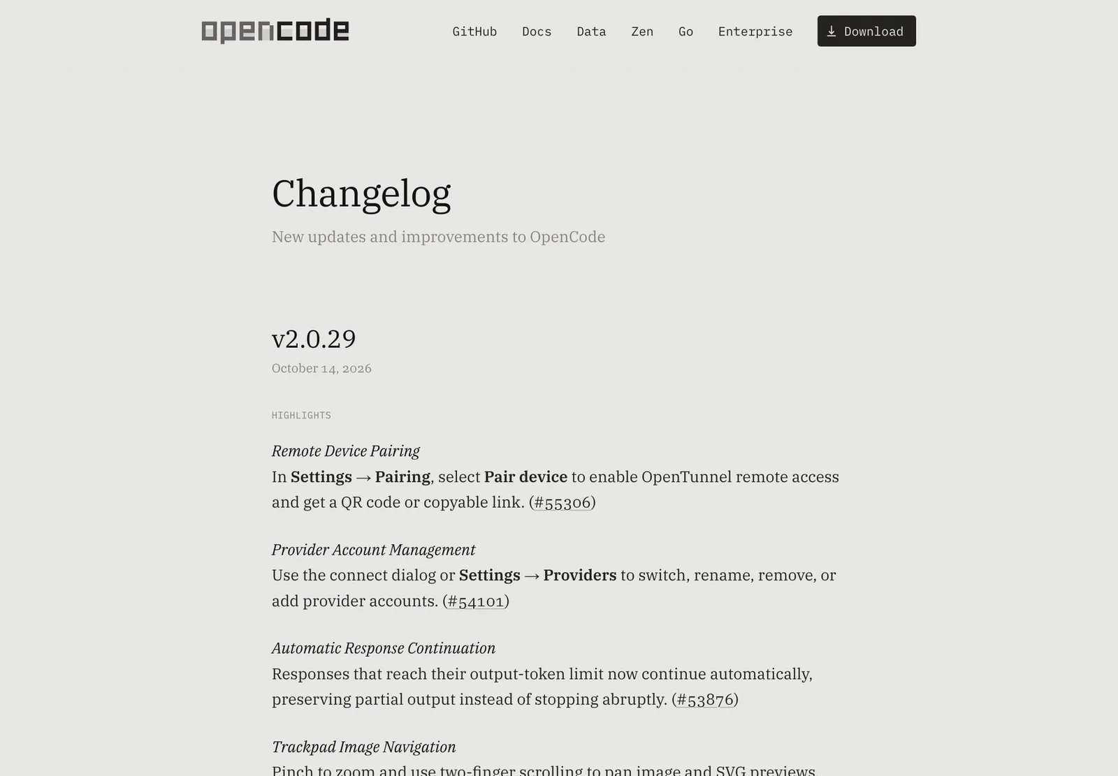 หน้า Changelog ของ OpenCode รุ่น 2.0.29 วันที่ 14 ตุลาคม 2026 ไฮไลต์ Remote Device Pairing ผ่าน OpenTunnel และ Provider Account Management