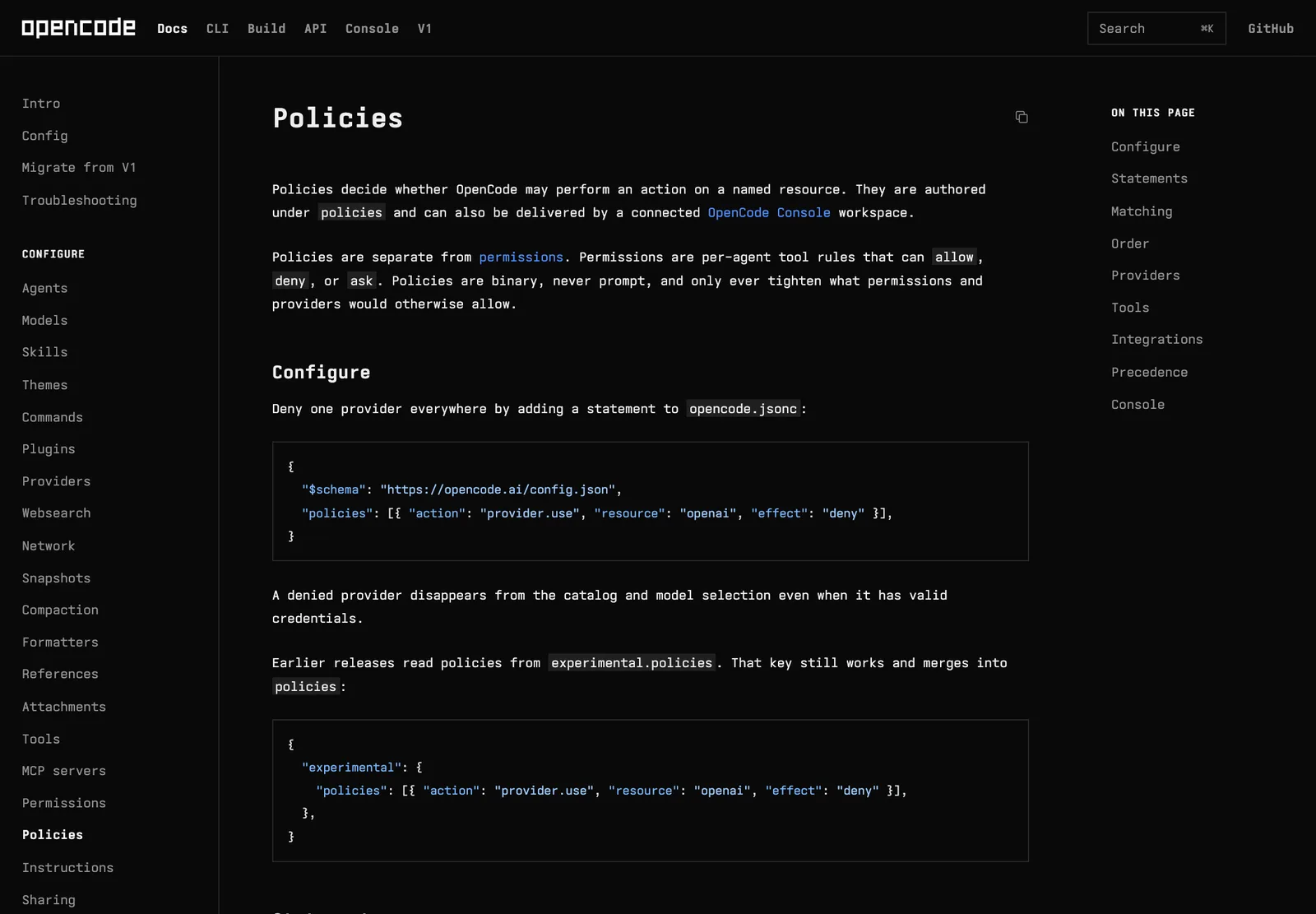 หน้าเอกสาร Policies ของ OpenCode แสดงตัวอย่างค่า provider.use ที่ปิดผู้ให้บริการ openai ด้วย effect deny ในไฟล์ opencode.jsonc