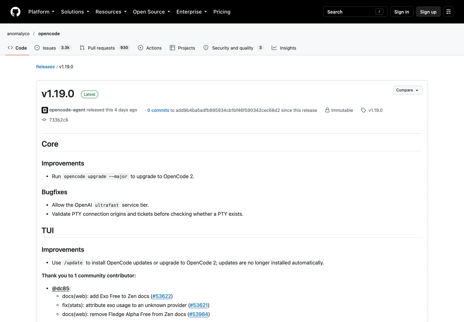 หน้า release v1.19.0 ของ anomalyco/opencode บน GitHub ระบุให้รัน opencode upgrade --major เพื่ออัปเกรดเป็น OpenCode 2.0 และเลิกติดตั้งอัปเดตอัตโนมัติ