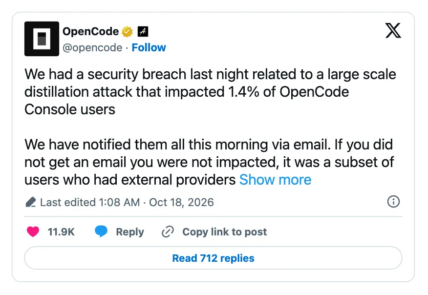 โพสต์ของบัญชี @opencode บน X แจ้งว่าระบบถูกเจาะเมื่อคืนในเหตุที่เกี่ยวกับการโจมตีแบบ distillation ขนาดใหญ่ กระทบผู้ใช้ OpenCode Console 1.4% และแจ้งทางอีเมลแล้ว แก้ไขล่าสุด 18 ต.ค. 2026