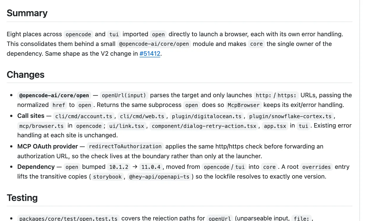 คำอธิบาย pull request #51414 ของ OpenCode: เพิ่ม openUrl ที่เปิดเฉพาะ URL แบบ http และ https ตรวจ URL ใน redirectToAuthorization ของ MCP OAuth และอัปเดตแพ็กเกจ open จาก 10.1.2 เป็น 11.0.4