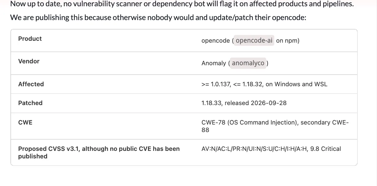 ตารางสรุปในรายงาน Pillar Security: ช่องโหว่ OpenCode MCP OAuth กระทบ opencode รุ่น 1.0.137 ถึง 1.18.32 บน Windows และ WSL แก้ใน 1.18.33 วันที่ 28 กันยายน 2026 CWE-78 และคะแนนที่เสนอ CVSS v3.1 9.8