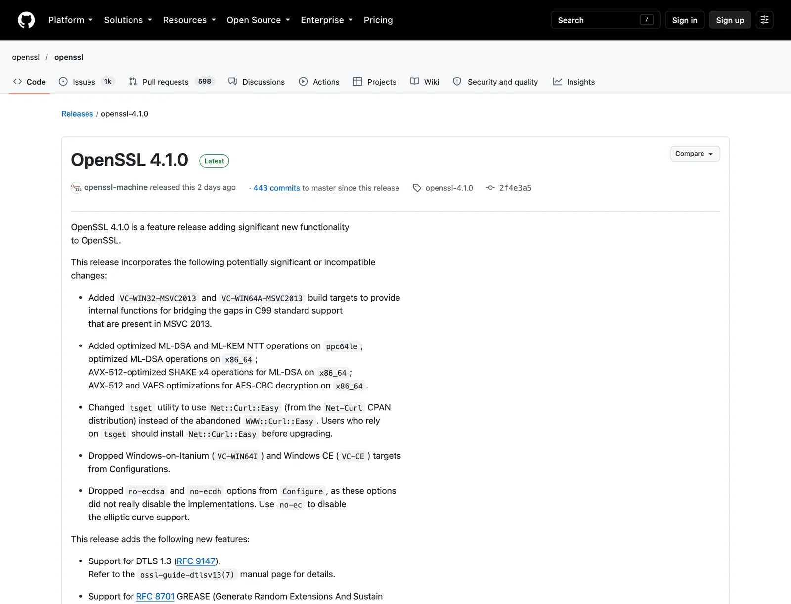 หน้า release ของ OpenSSL 4.1 บน GitHub แสดงรายการเปลี่ยนแปลงที่อาจไม่เข้ากับของเดิมและฟีเจอร์ DTLS 1.3