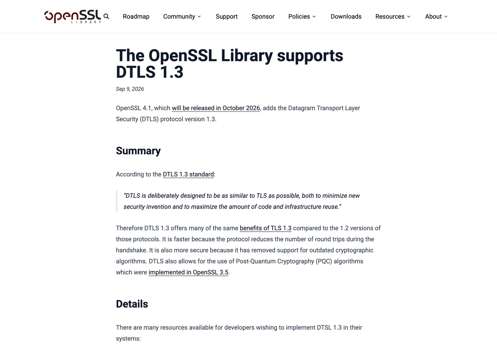 บล็อกของ OpenSSL ลงวันที่ 9 กันยายน 2026 หัวข้อ The OpenSSL Library supports DTLS 1.3