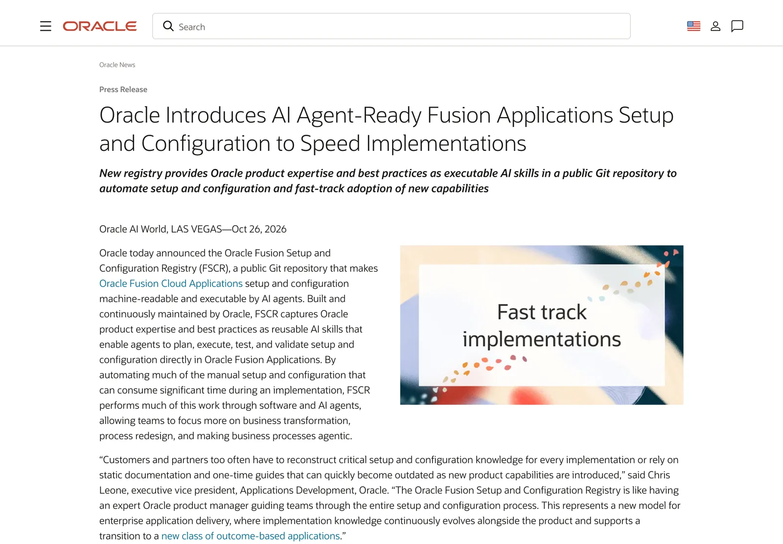 ภาพหน้าจอข่าวแจกของ Oracle วันที่ 26 ตุลาคม 2026 เรื่อง Fusion Setup and Configuration Registry (FSCR) คลัง Git สาธารณะของ AI skill สำหรับตั้งค่า Fusion Applications